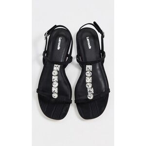 Larroude Ivy Flat Sandals Black Moire Crystal Embellished Slingback T-Strap New